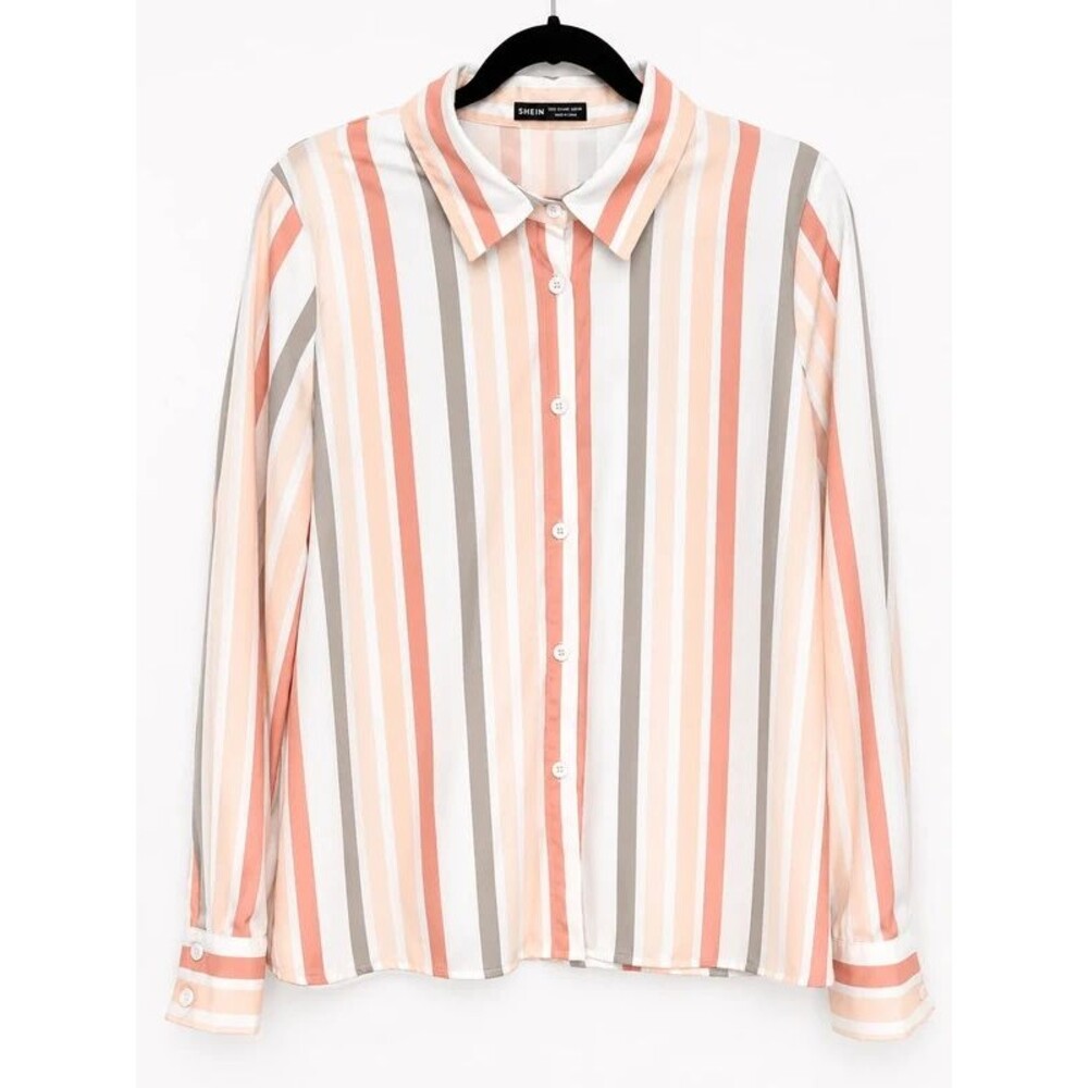 SHEIN Vertical Stripe Button-Up Blouse | Coral & Neutral Stripes | Size Large